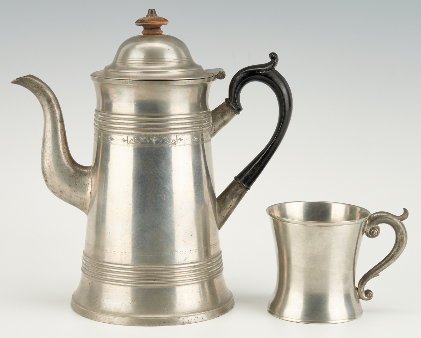 Lot 270: 5 American Pewter Items, incl. Israel Trask Coffeepot