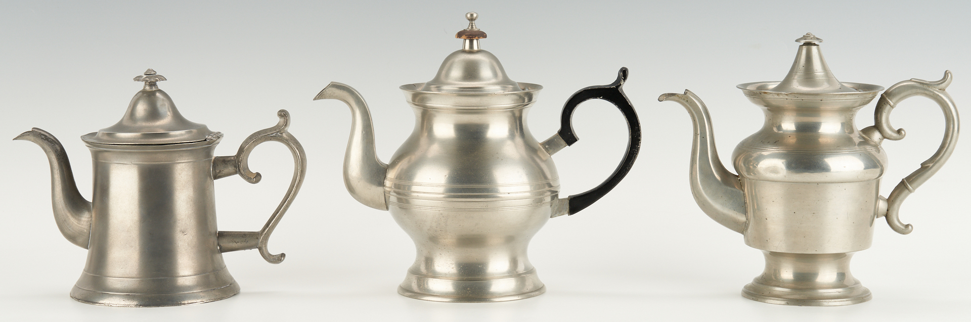 Lot 272: 5 American Pewter Tea and Coffee Pots, incl. Derby, Gleason, Ward, Dunham