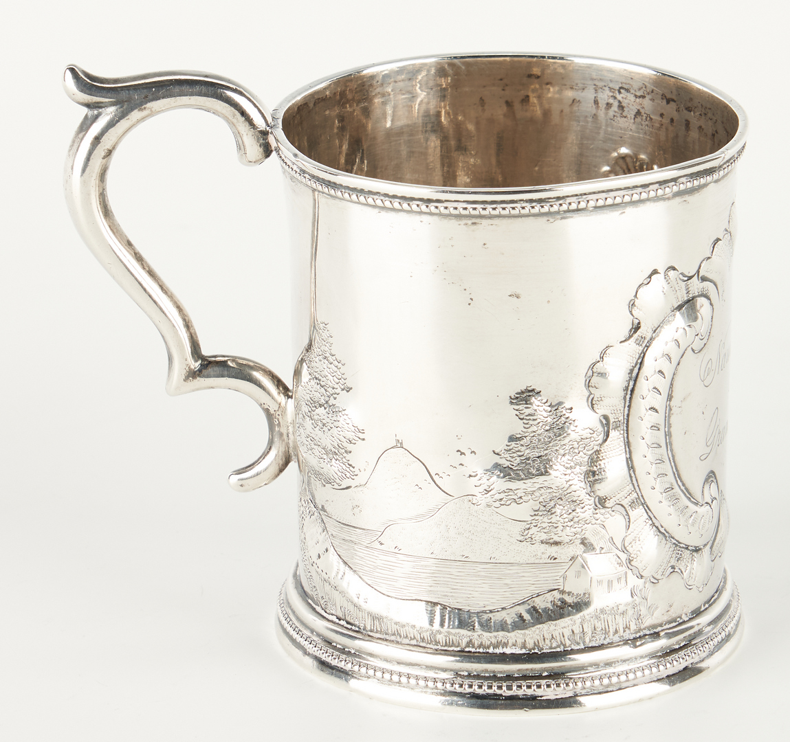 Lot 293: 19th C. Sterling Silver Scenic Mug & Fluted Silver Dish, 2 items
