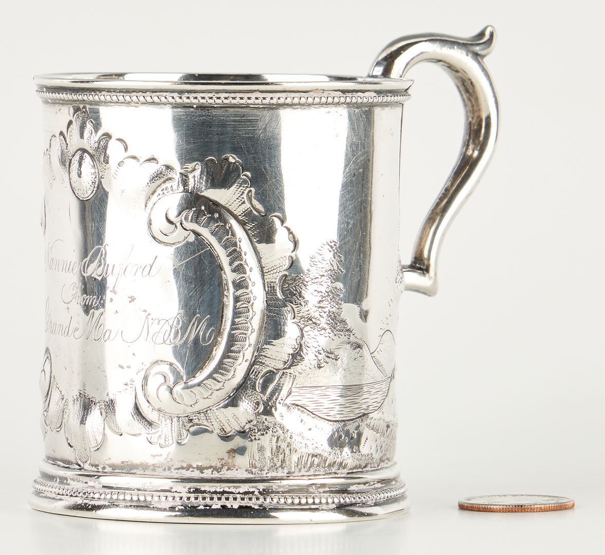 Lot 293: 19th C. Sterling Silver Scenic Mug & Fluted Silver Dish, 2 items