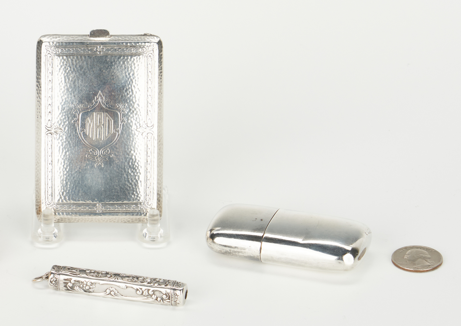 Lot 296: 3 Sterling Silver Items, Purse, Pen, & Flask