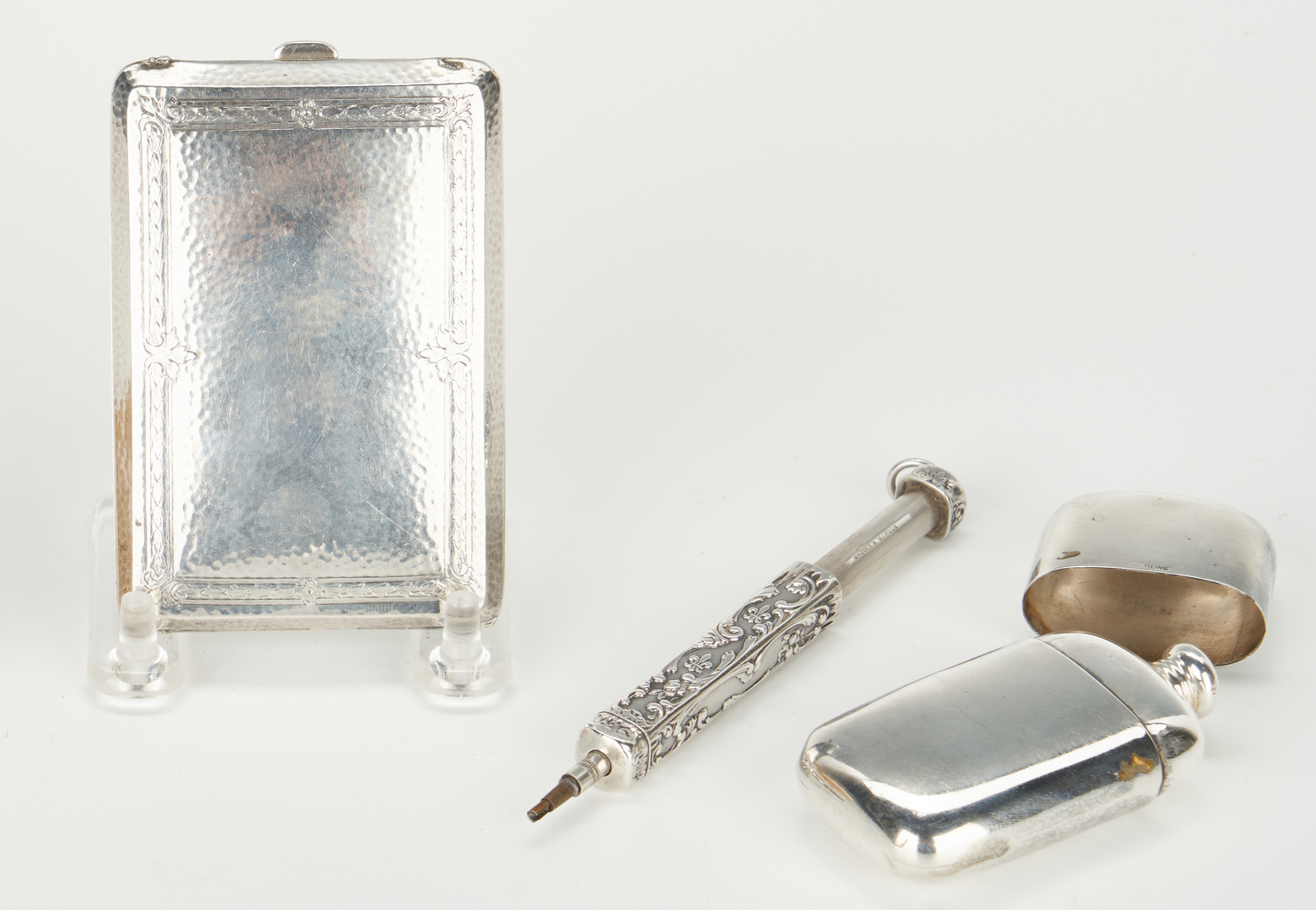 Lot 296: 3 Sterling Silver Items, Purse, Pen, & Flask