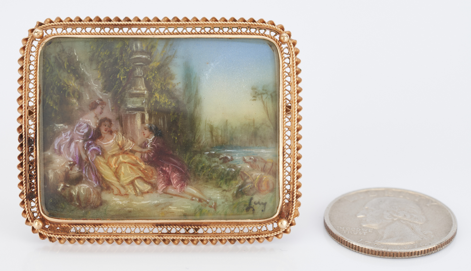 Lot 297: Signed Miniature Porcelain Brooch, 14K Frame