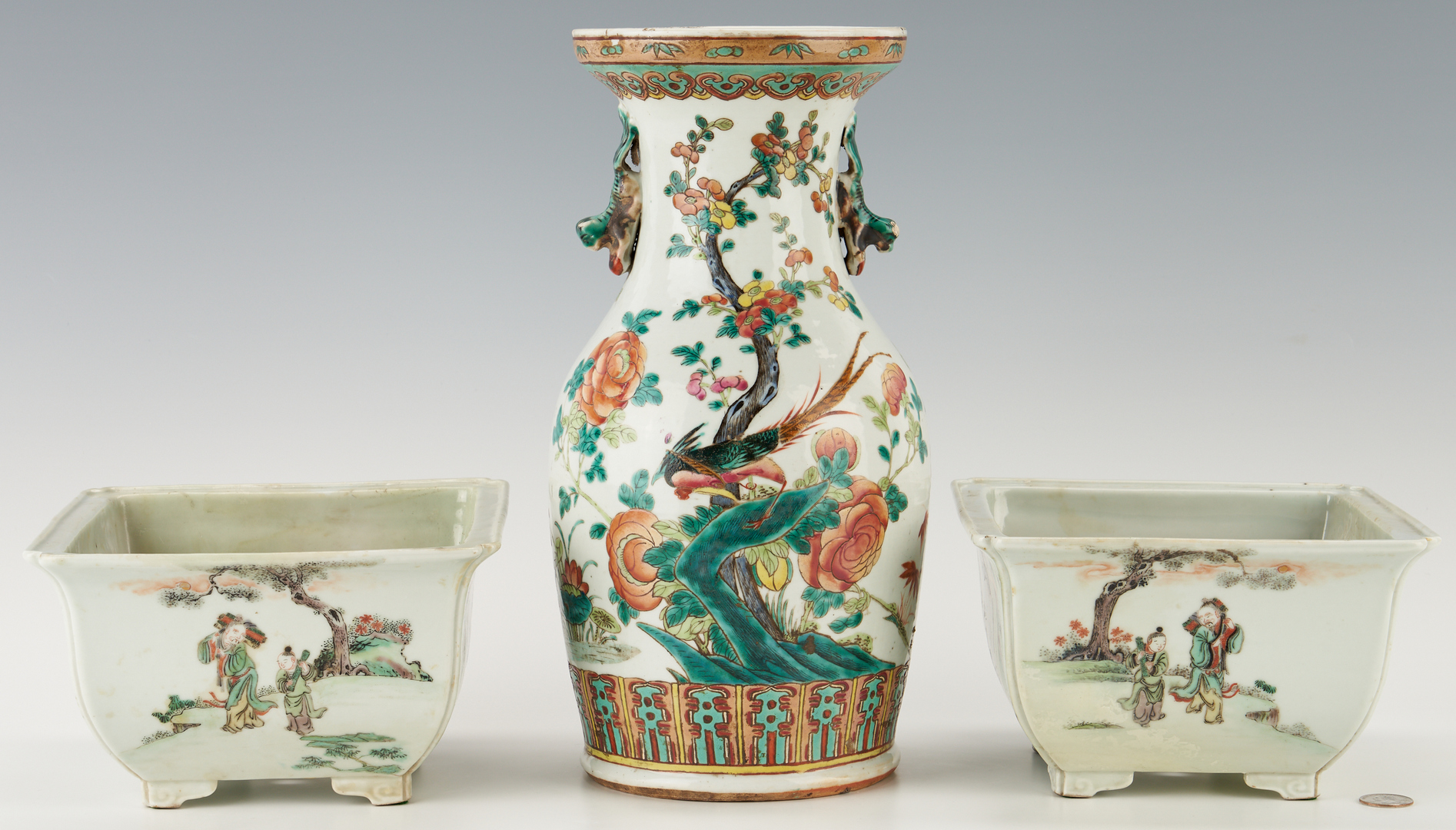 Lot 312: Pair Chinese Famille Verte Porcelain Planters & Famille Rose Vase