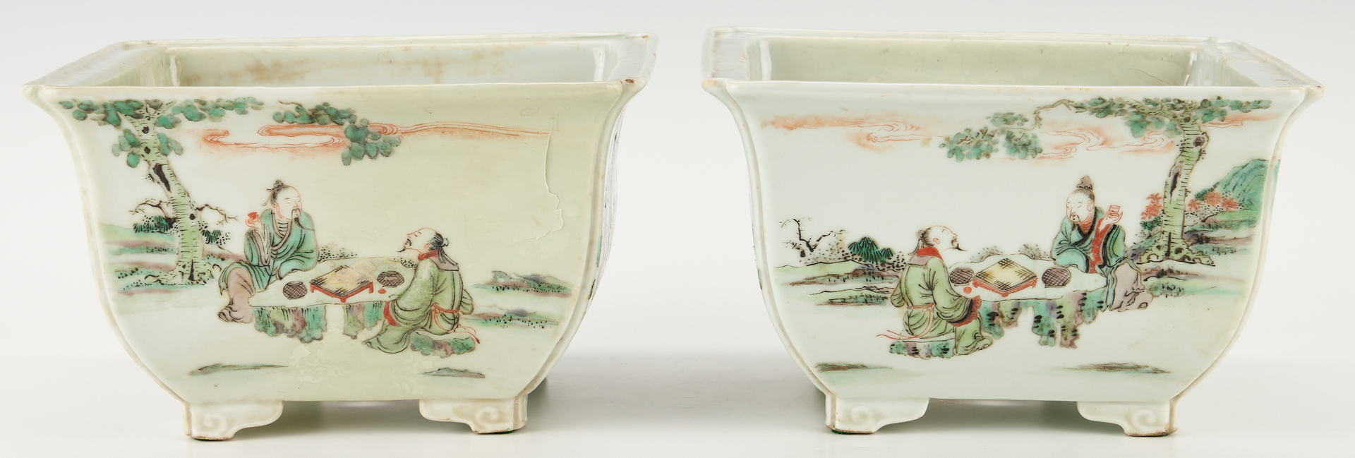 Lot 312: Pair Chinese Famille Verte Porcelain Planters & Famille Rose Vase