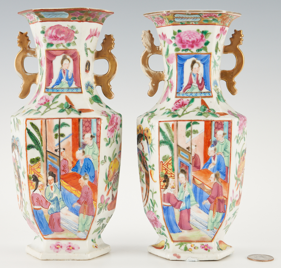 Lot 315: Pair Chinese Hexagonal Famille Rose Porcelain Vases, Figural Handles