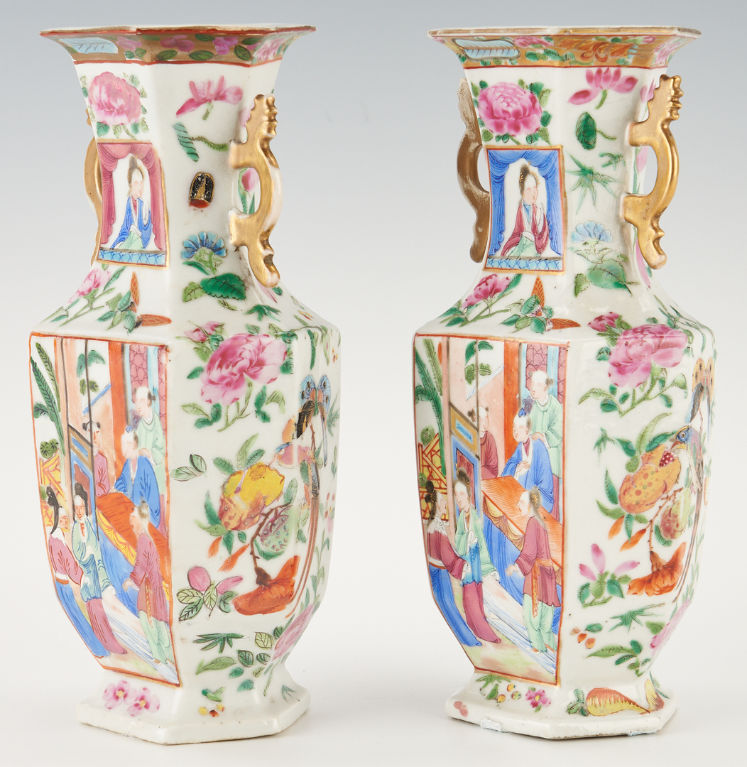 Lot 315: Pair Chinese Hexagonal Famille Rose Porcelain Vases, Figural Handles