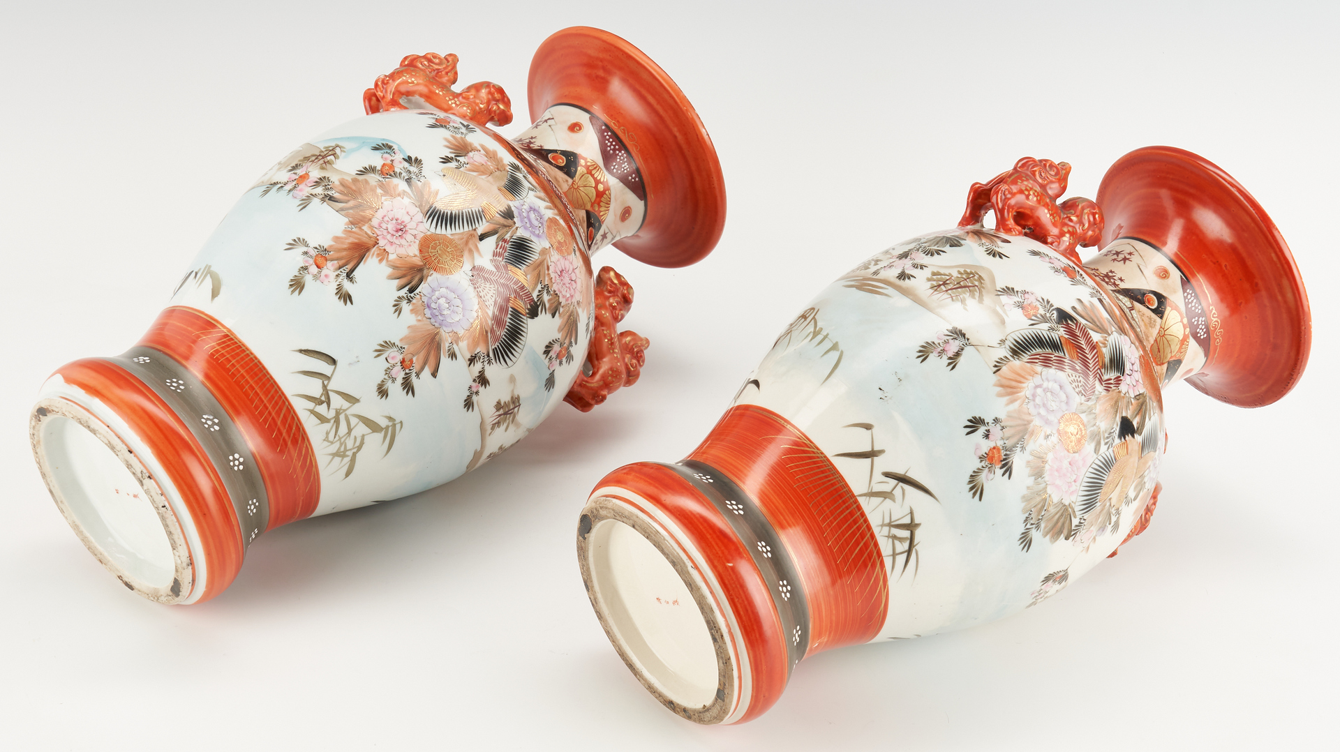 Lot 318: Pr. Japanese Kutani Porcelain Vases w/ Foo Dog Handles