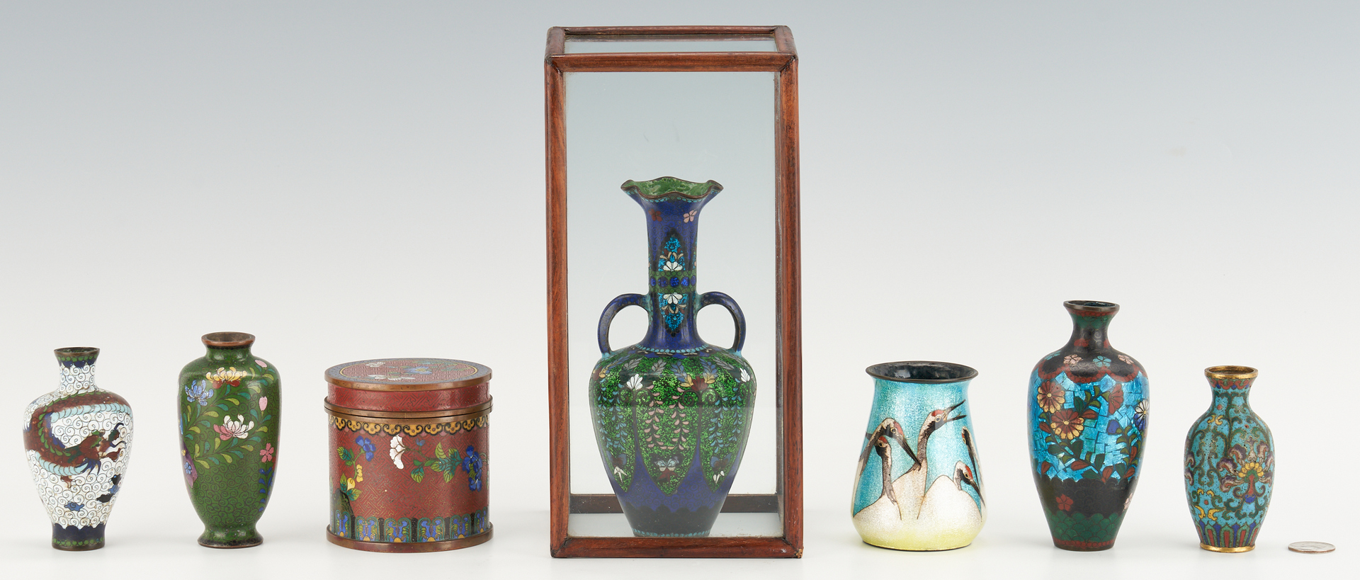 Lot 320: 15 Assorted Cloisonne Vases & 6 Hardwood Stands, 23 items