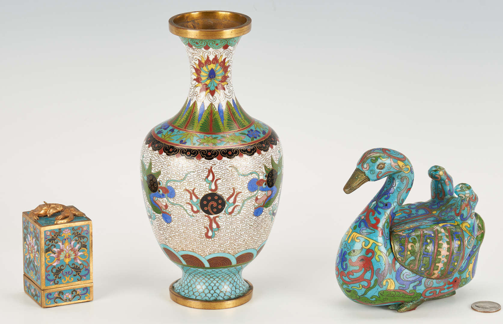 Lot 323: Asian Cloisonne Duck, Vase, & Box, 3 items