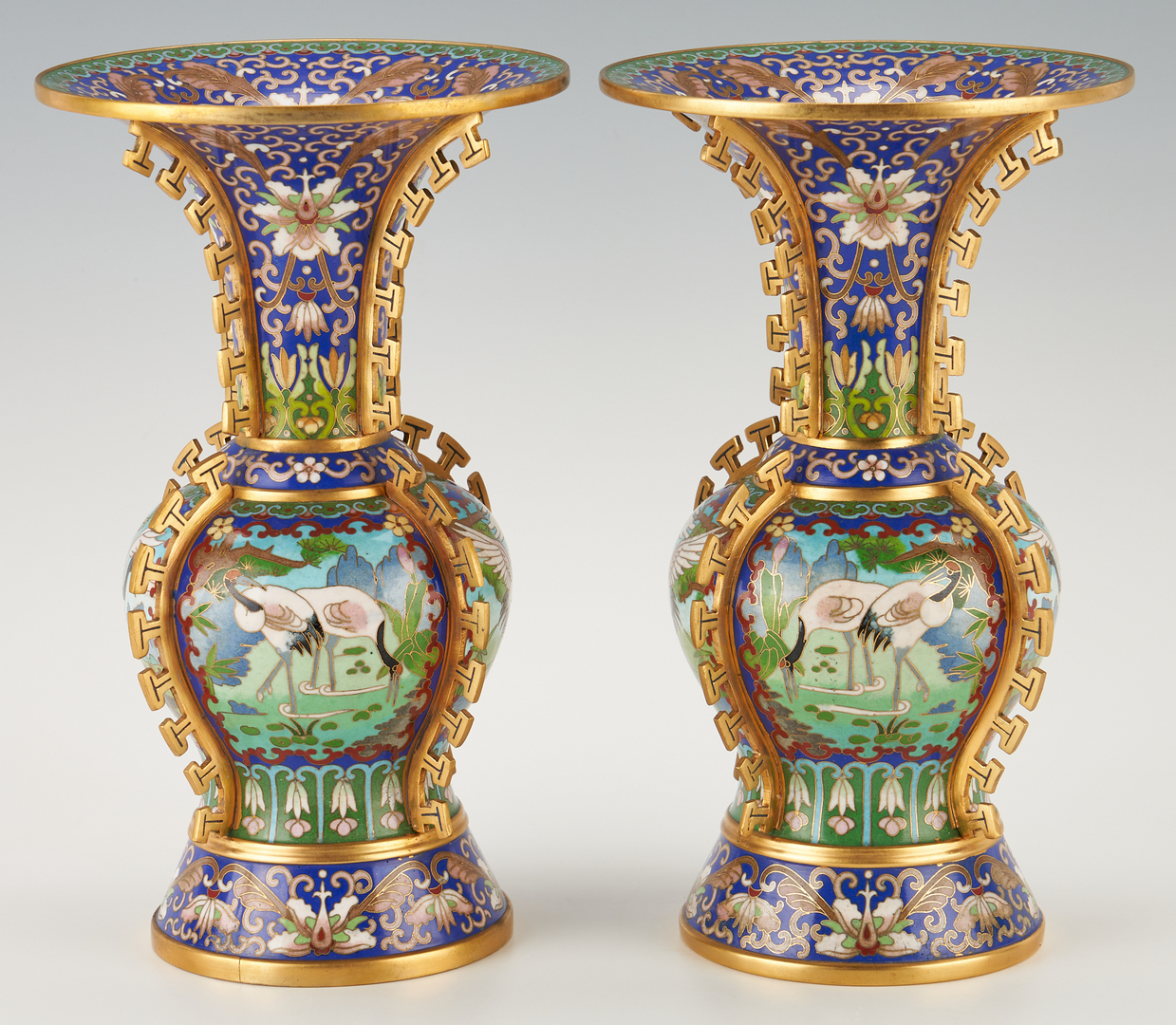 Lot 324: Pr. Chinese Cloisonne Vases w/ Crane Decoration