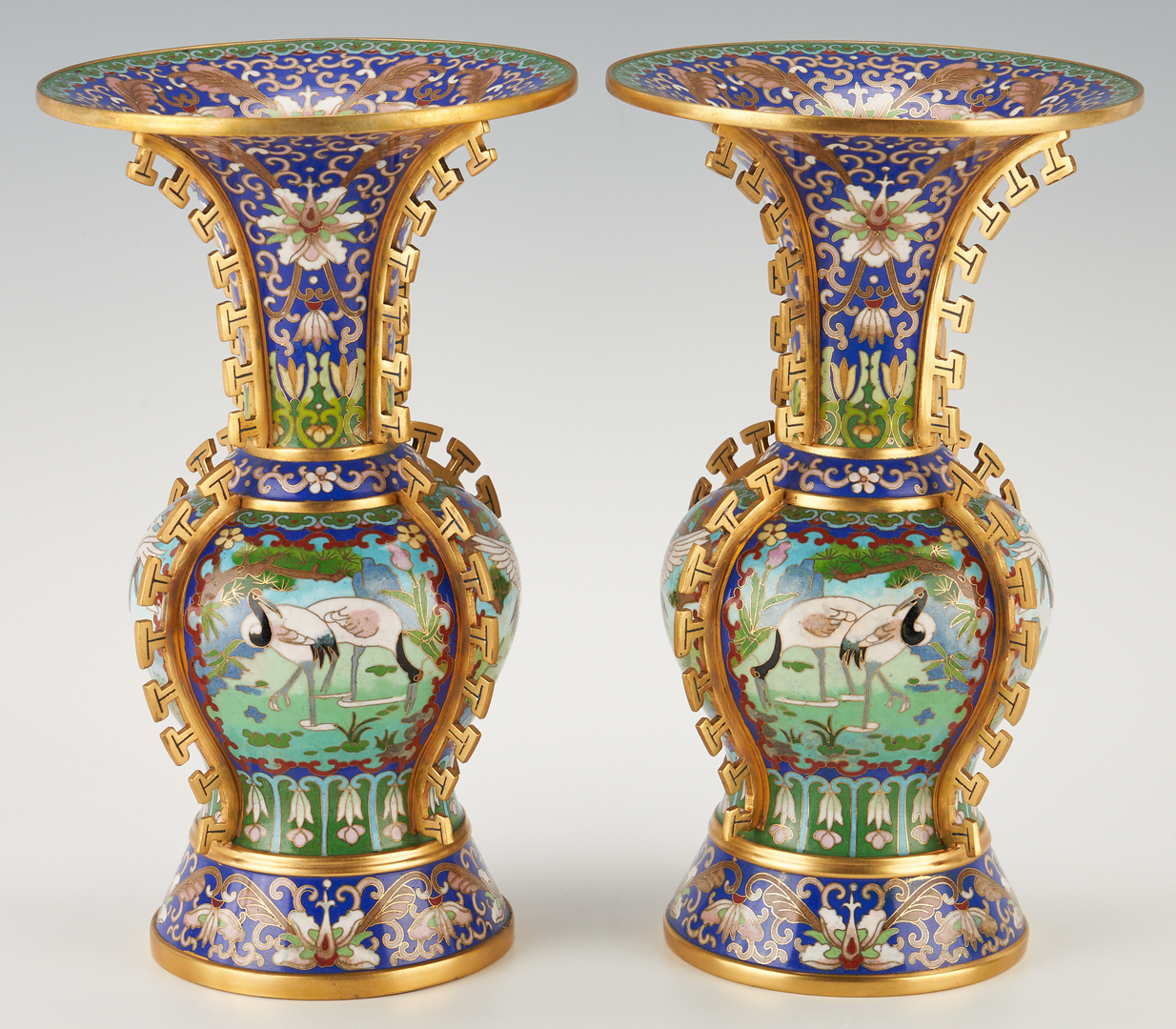 Lot 324: Pr. Chinese Cloisonne Vases w/ Crane Decoration