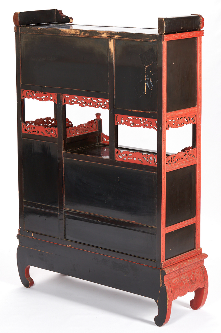 Lot 326: 3 Chinese Decorative Items, Red Lacquer Cabinet, Stand & Tray