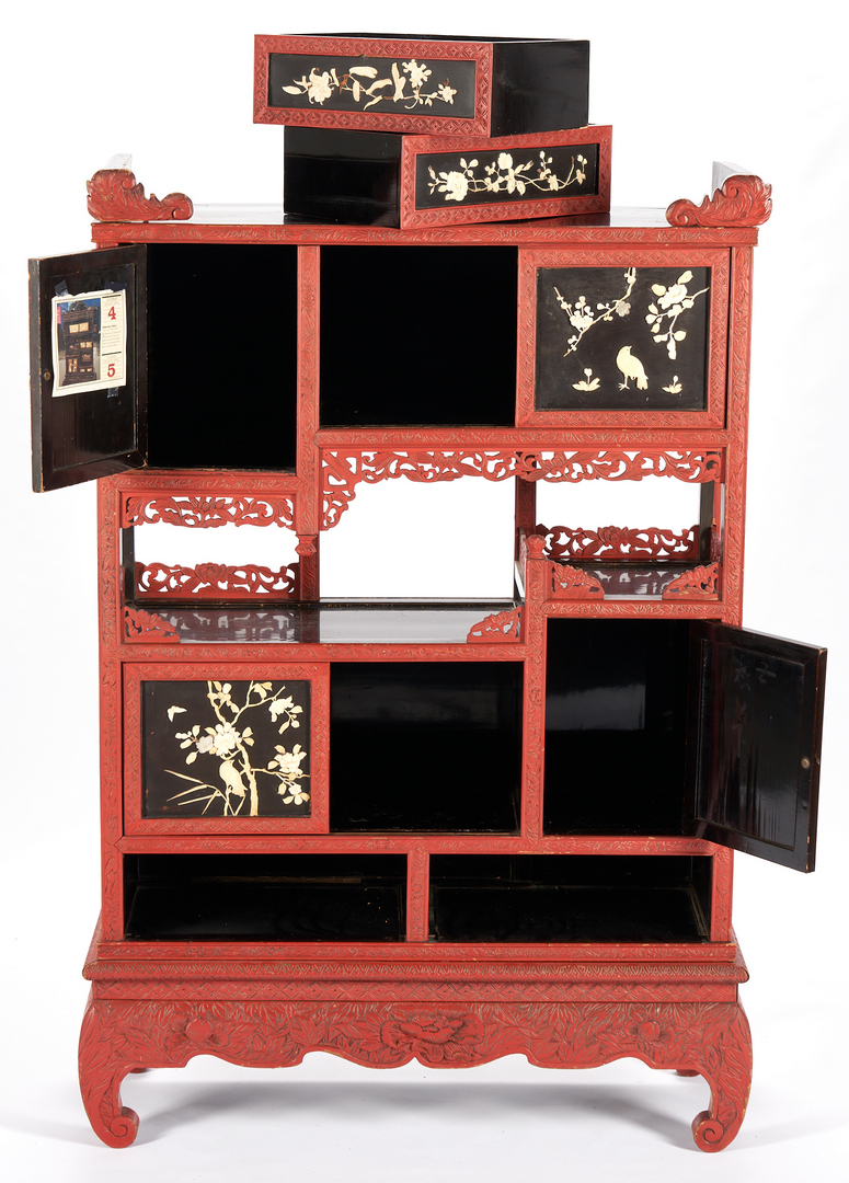 Lot 326: 3 Chinese Decorative Items, Red Lacquer Cabinet, Stand & Tray