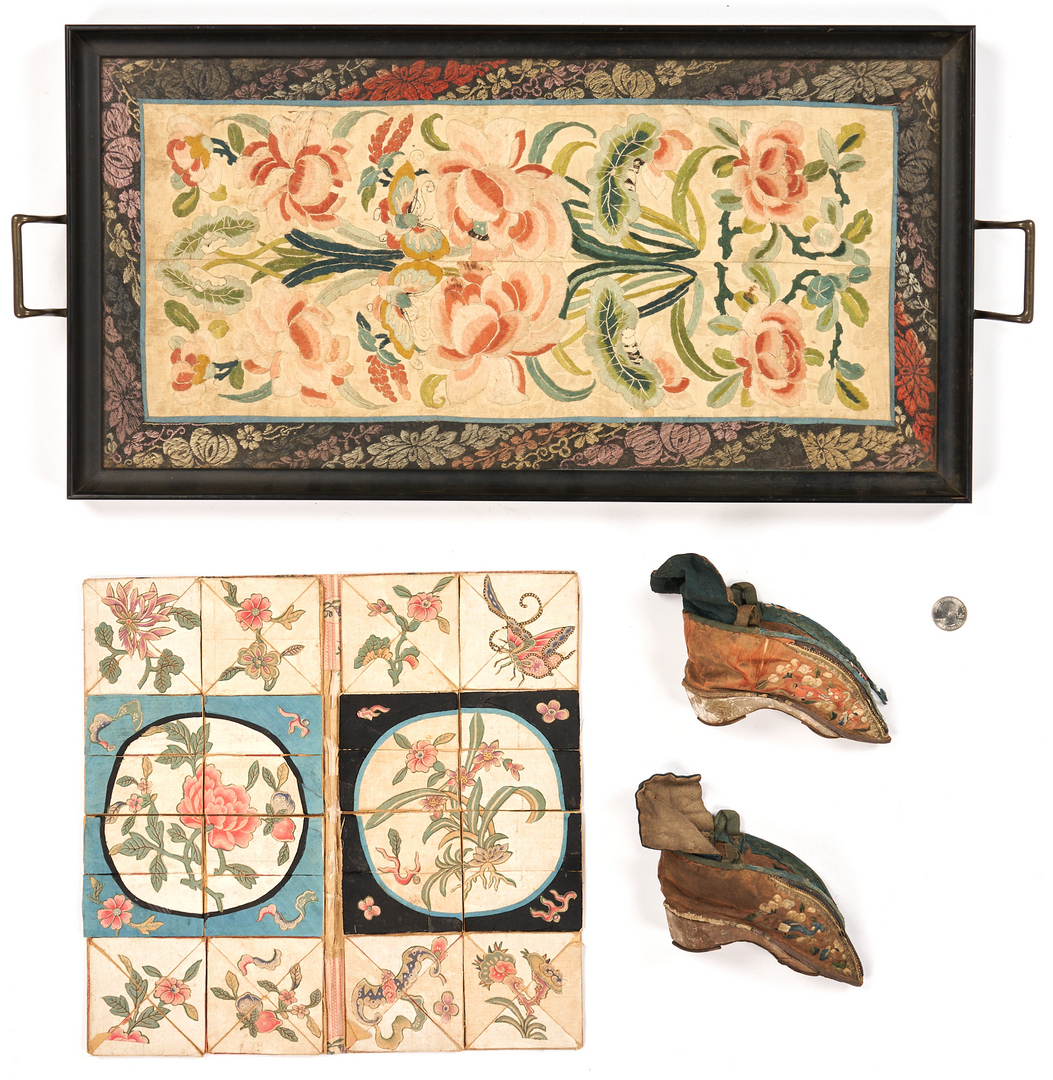Lot 328: 12 Asian Decorative Items, Incl. Mother of Pearl Plaque & Embroidery