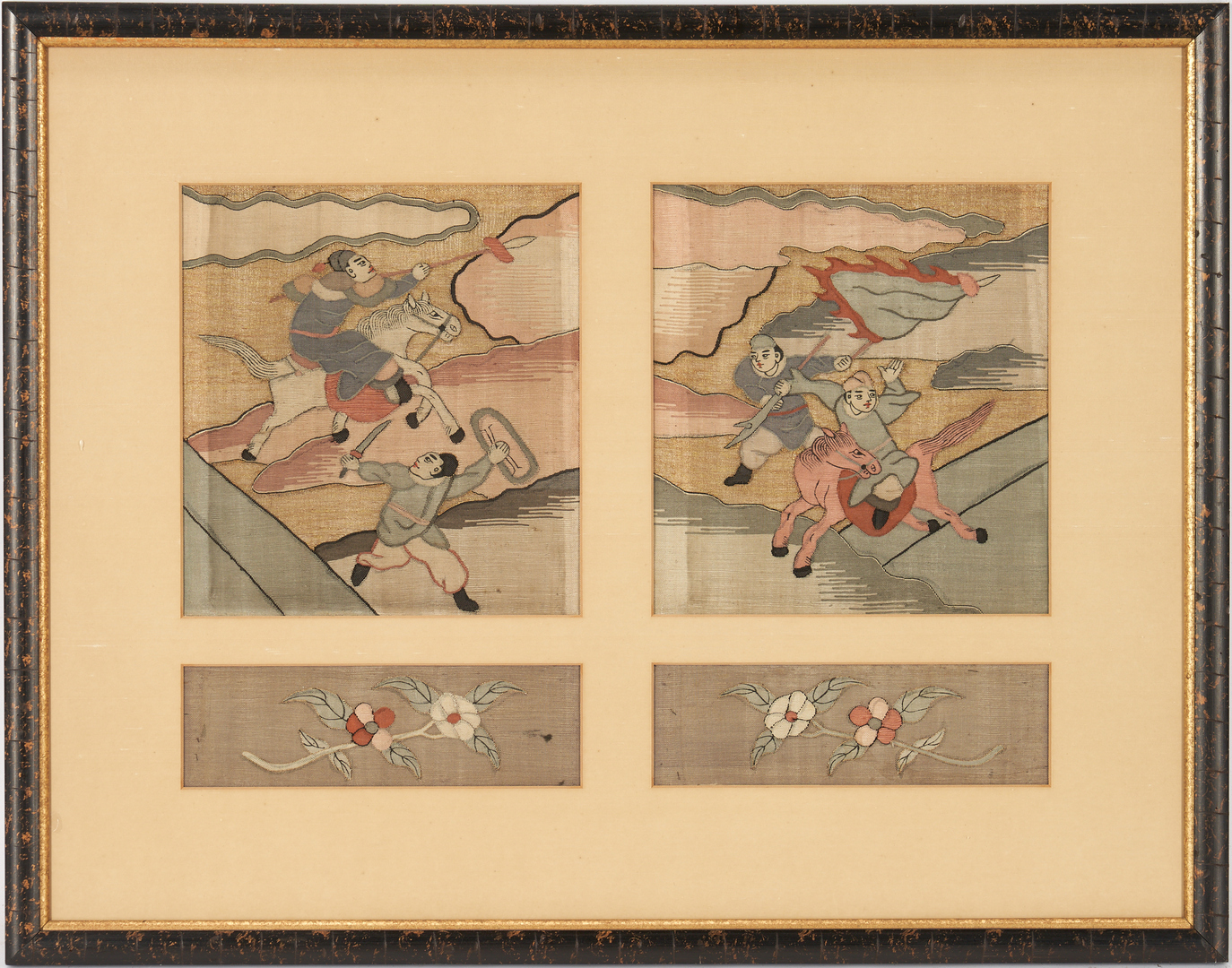 Lot 329: 2 Framed Chinese Embroideries, Warriors & Flowers