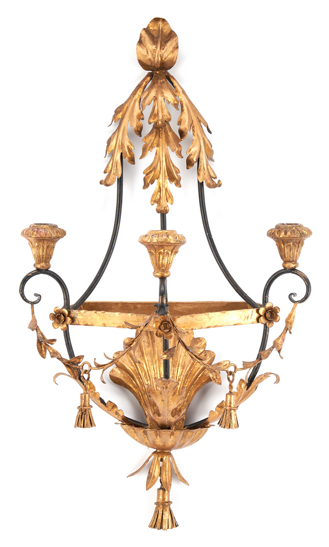Lot 337: European Painted Icon & Pair of Gilt Tole Italian Sconces, 3 items
