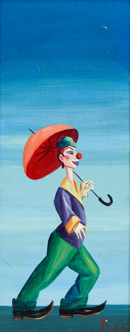 Lot 349: 2 Attr. Carlo Canevari Surrealist Clown Paintings, Signed "Pucci"