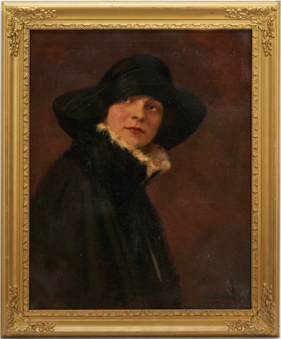 Lot 364: American School O/C Painting of Woman in Black, Signed
