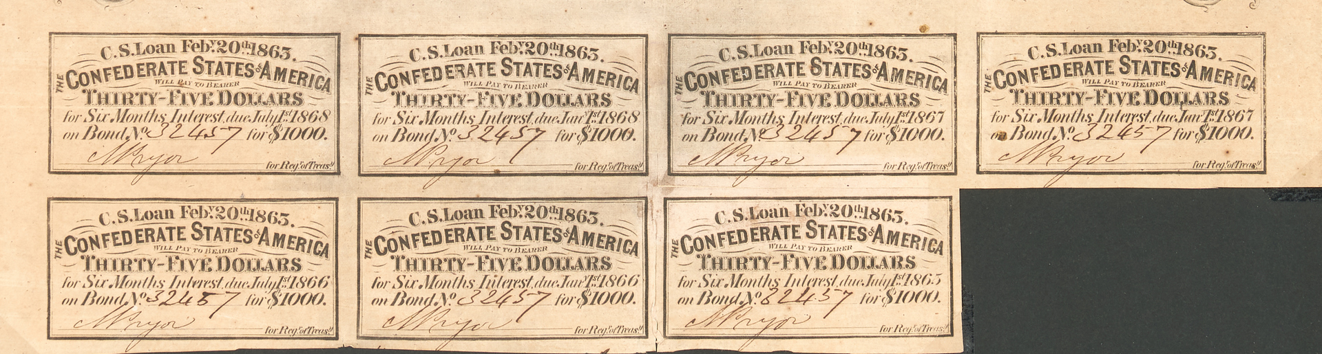Lot 387: 2 Confederate Bonds, incl. $1000 1863 & $500 1861
