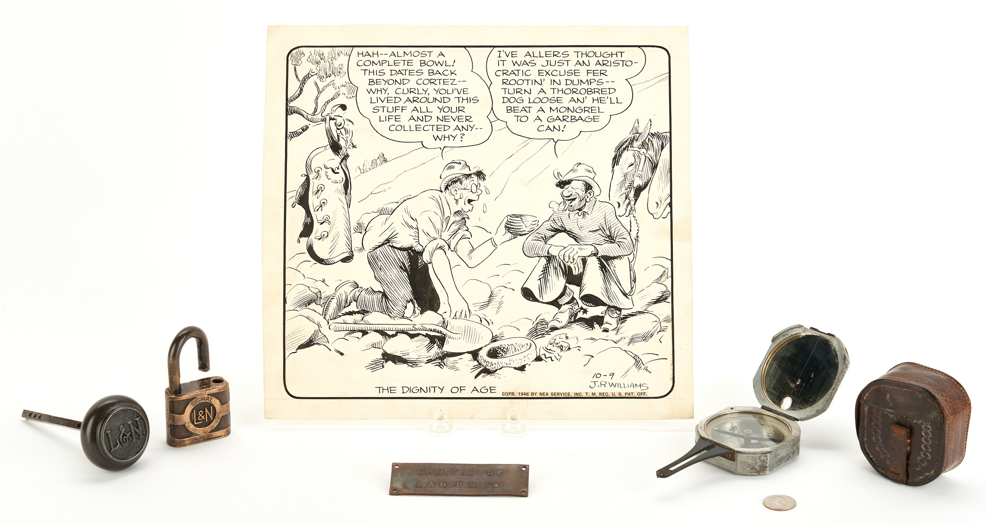 Lot 410: 6 Items, Incl. J. R. Williams Art, L & N Railroad, and D. W. Brunton's Transit Compass and Case
