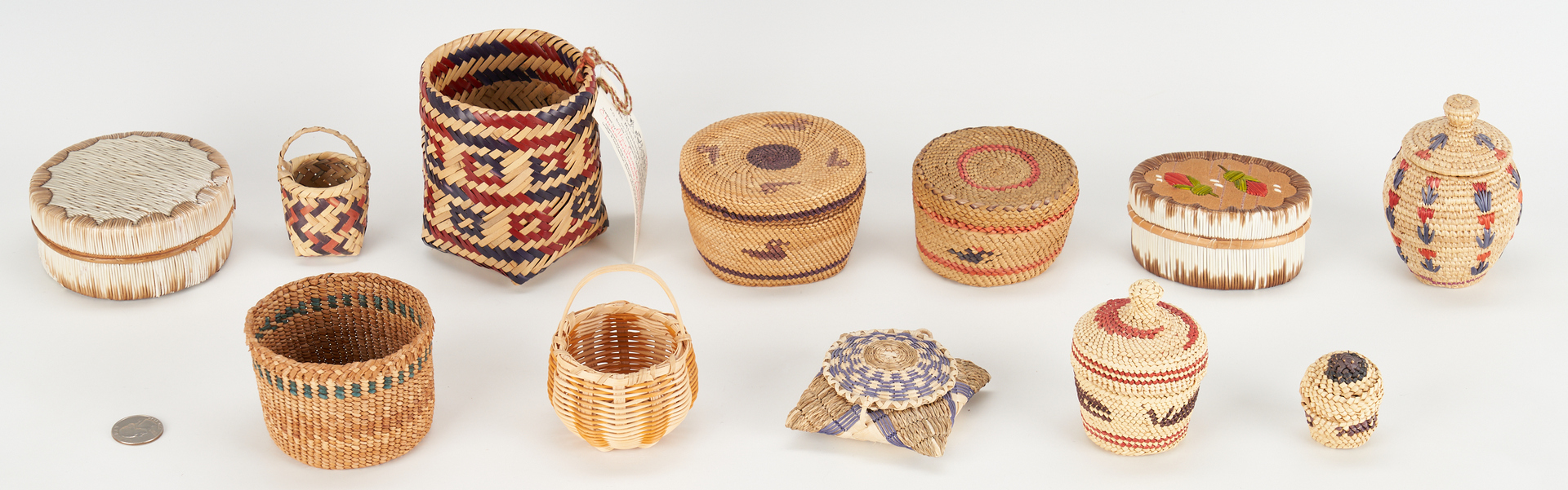 Lot 416: Group of 12 Native American Miniature Baskets & Quill Boxes