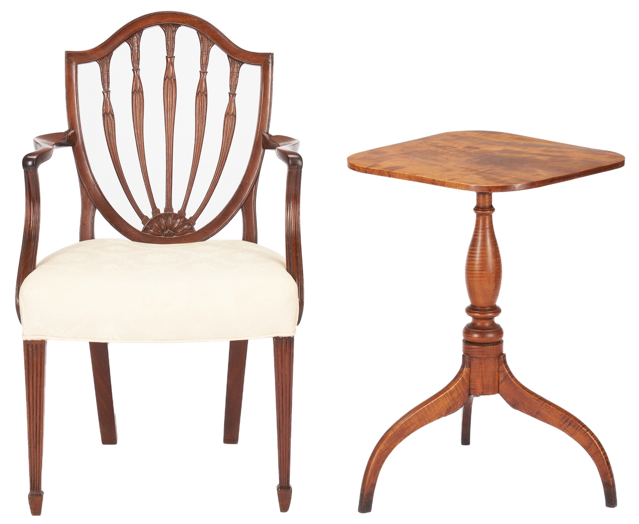 Lot 436: Shield Back Hepplewhite Style Armchair & Tiger Maple Candle Stand, 2 items