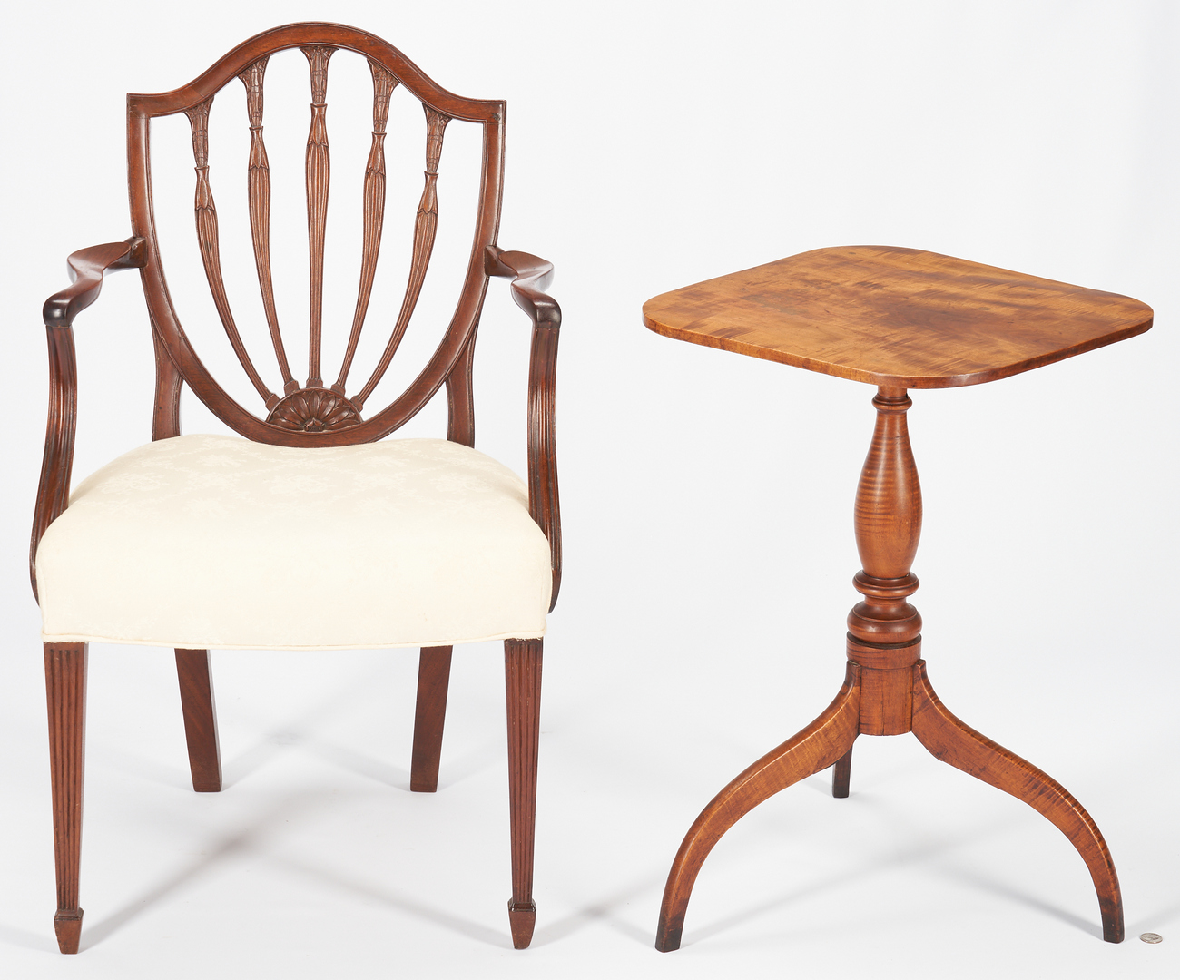Lot 436: Shield Back Hepplewhite Style Armchair & Tiger Maple Candle Stand, 2 items