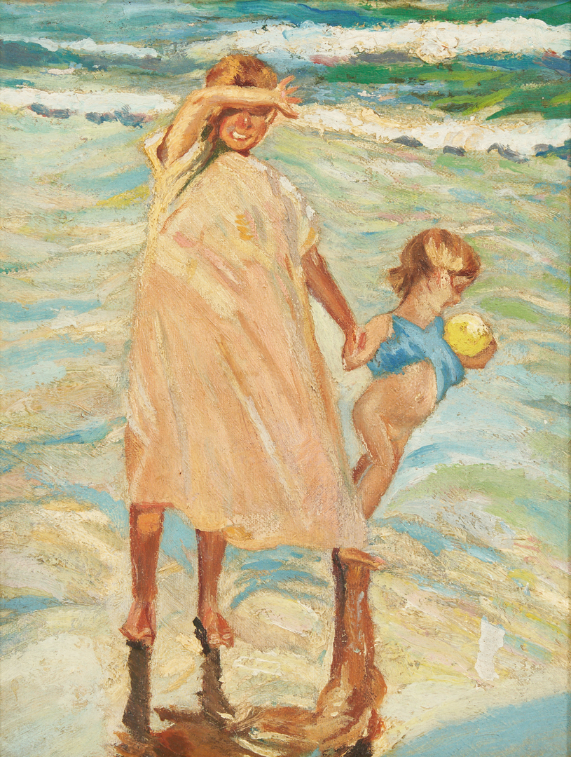 Lot 446: Attr. Richard Combes Oil Painting, Two Girls at the Beach