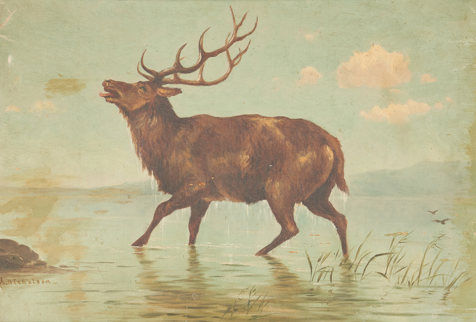 Lot 447: American School O/C Stag or Elk Painting, Signed A. Nicholson