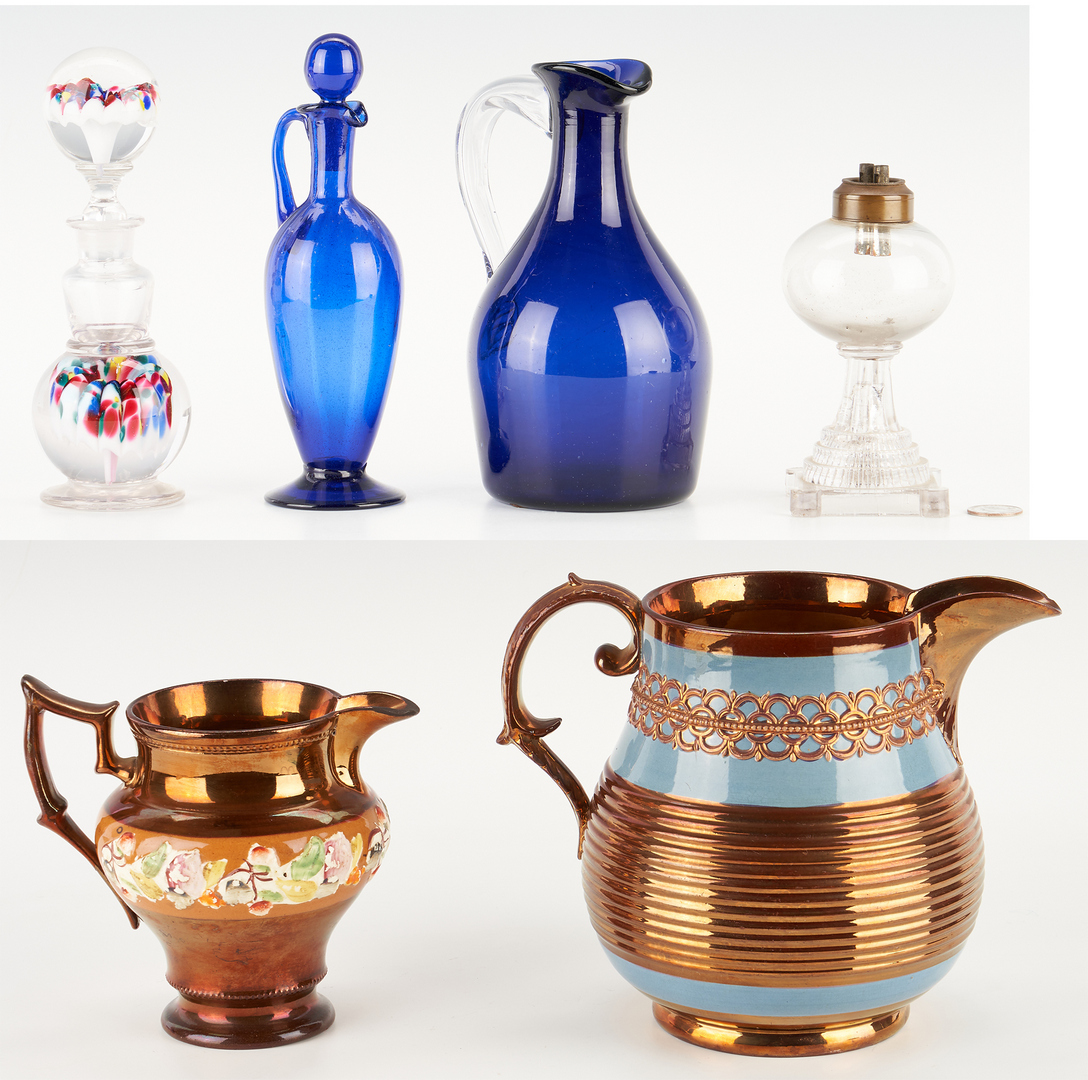 Lot 468: 2 Copper Lustre Pitchers & 4 Pcs. Decorative Glassware, 6 Items