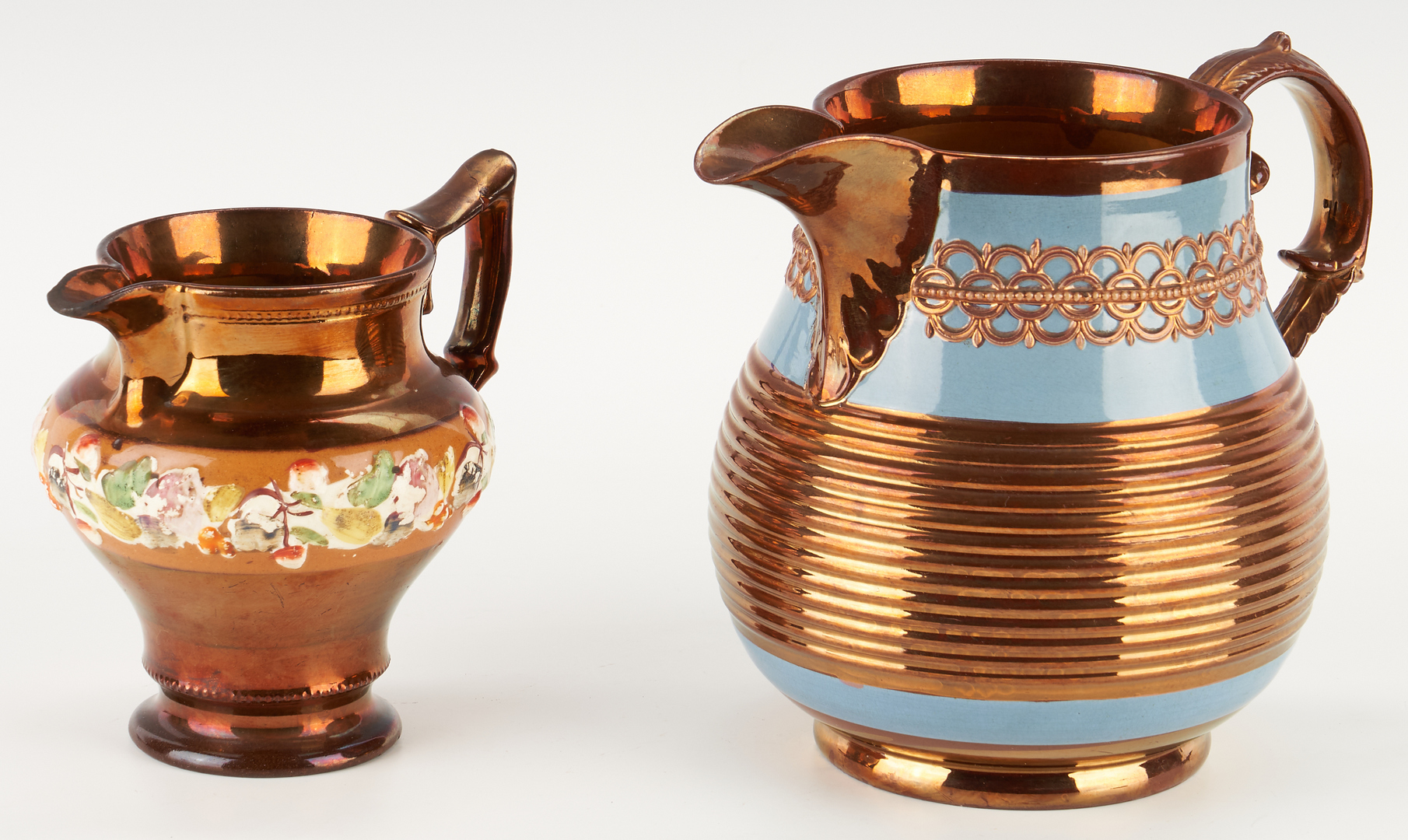 Lot 468: 2 Copper Lustre Pitchers & 4 Pcs. Decorative Glassware, 6 Items