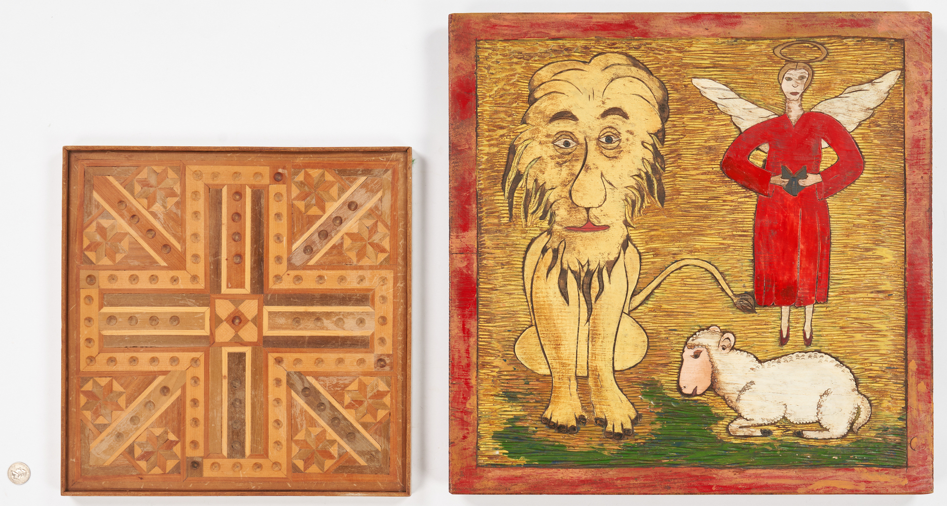 Lot 471: Folk Art Carved Lion & Lamb w/ Marquetry Game