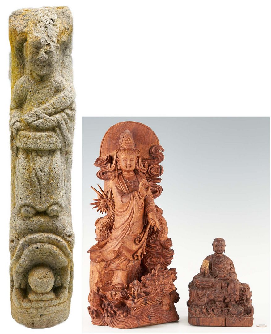 Lot 492: 2 Asian Carved Wood Figures, Sculpture Fragment, 3 items