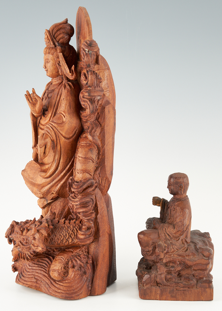 Lot 492: 2 Asian Carved Wood Figures, Sculpture Fragment, 3 items