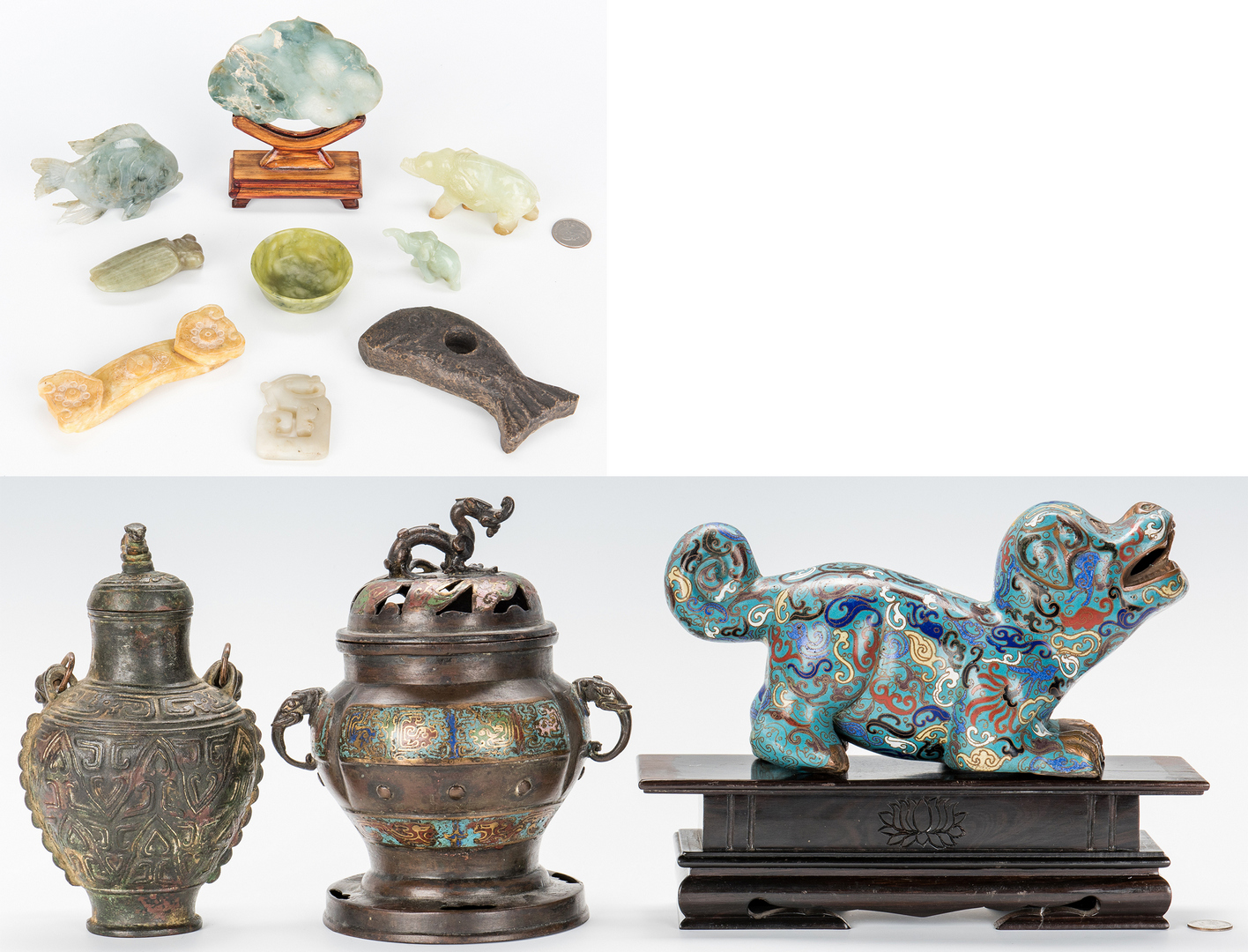Lot 493: 3 Chinese Bronze Items, 9 Asian Carved Jade & Hardstone Items, 12 items