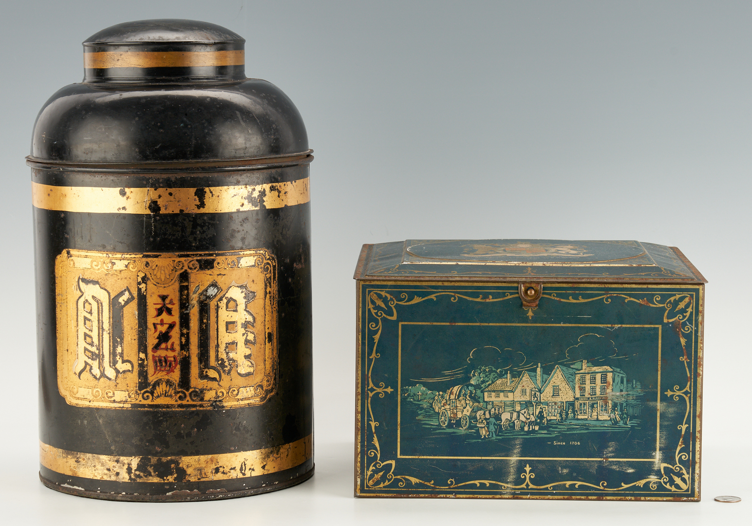 Lot 510: 2 Toleware Painted Advertising Items, Tea Tin & Biscuit Box