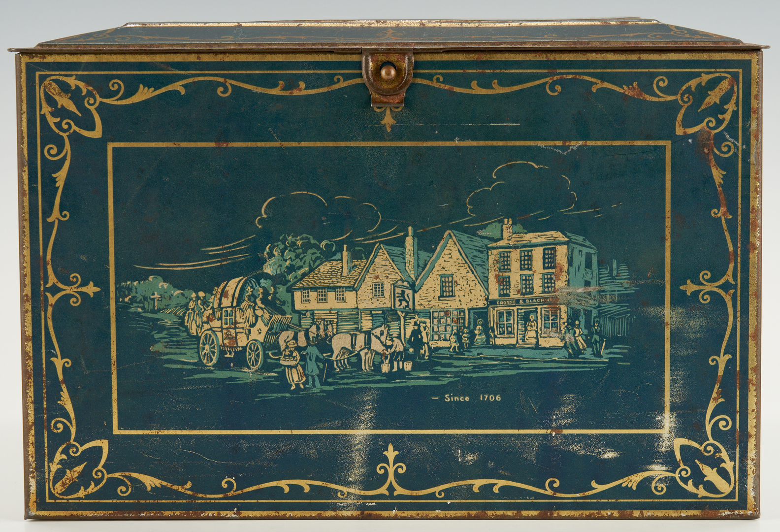 Lot 510: 2 Toleware Painted Advertising Items, Tea Tin & Biscuit Box
