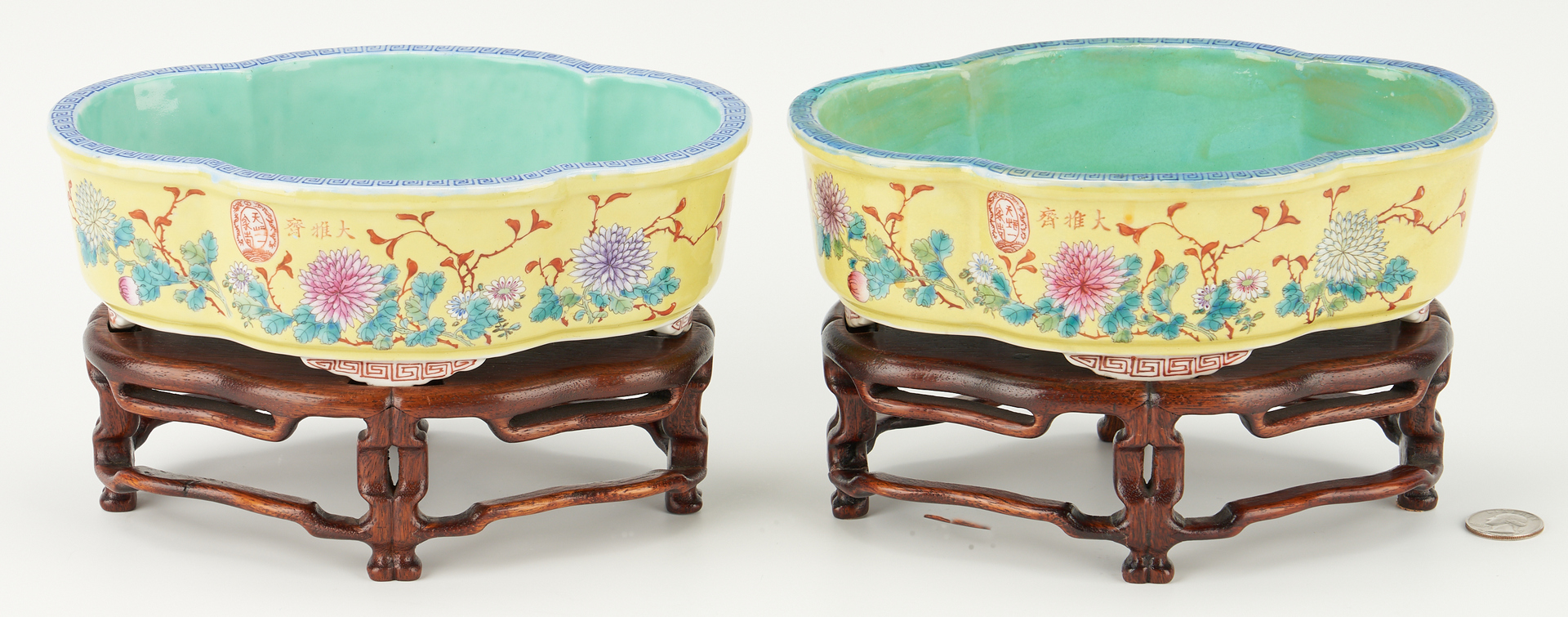 Lot 6: Pair Chinese Yellow Ground Dishes and Stands