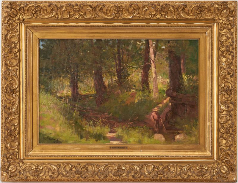 Lot 88: Paul E. Harney, Jr. O/C Landscape Painting, Hiker in a Forest