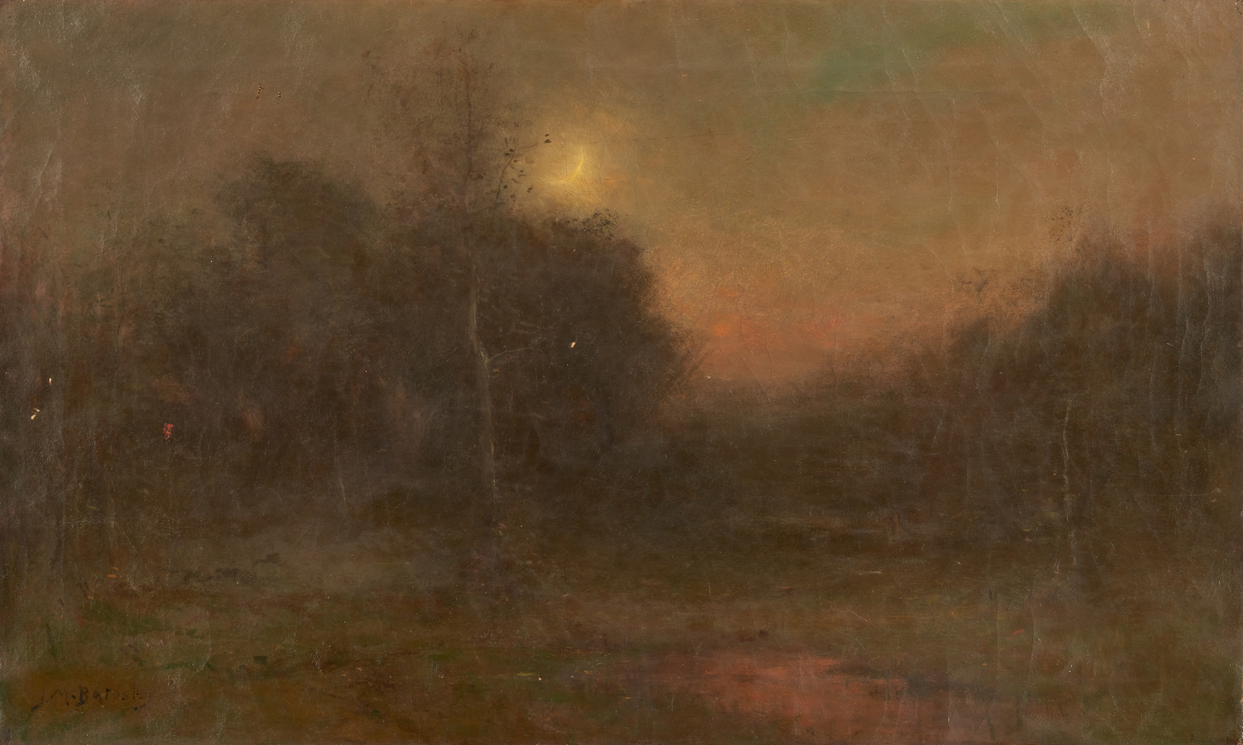 Lot 89: J.M. Barnsley Luminist Nocturnal Landscape Painting, Crescent Moon