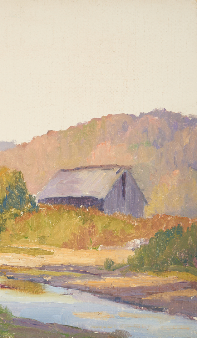 Lot 90: 2 Karl Brandner O/C Landscape Paintings of Barns, Estate Stamps