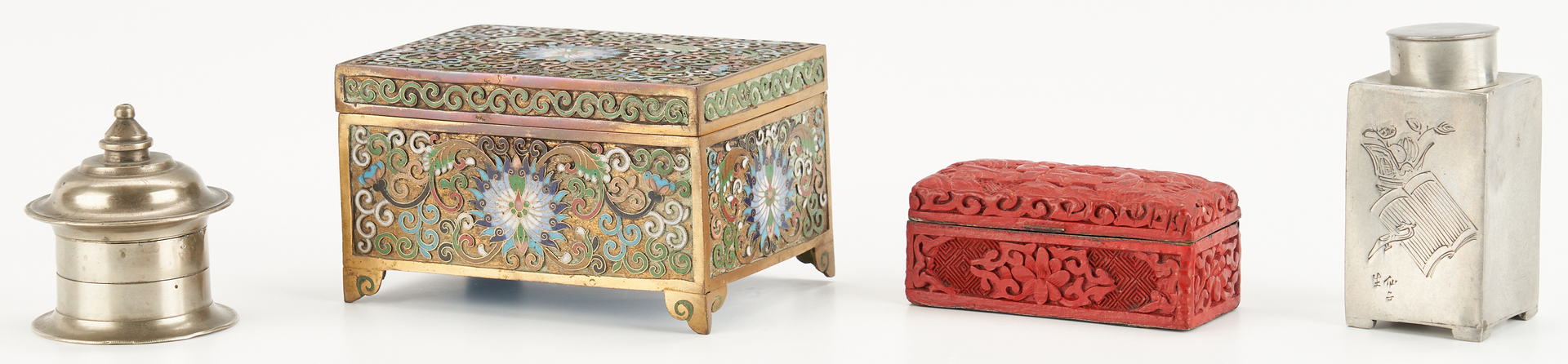 Lot 9: 8 Chinese Containers, incl. Pewter, Cloisonne, Cinnabar
