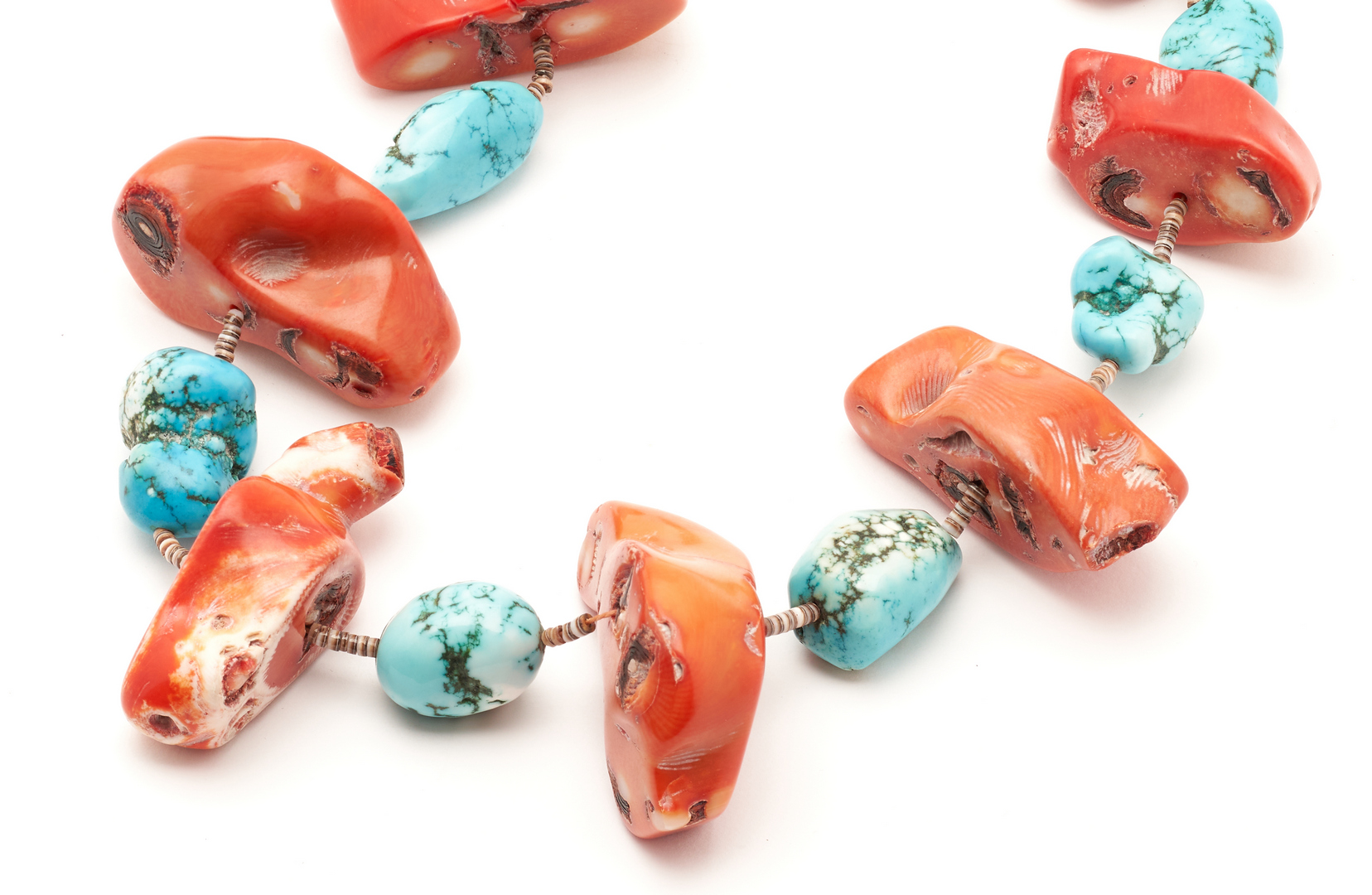 Lot 1025: Native American Turquoise & Coral Nugget Necklace