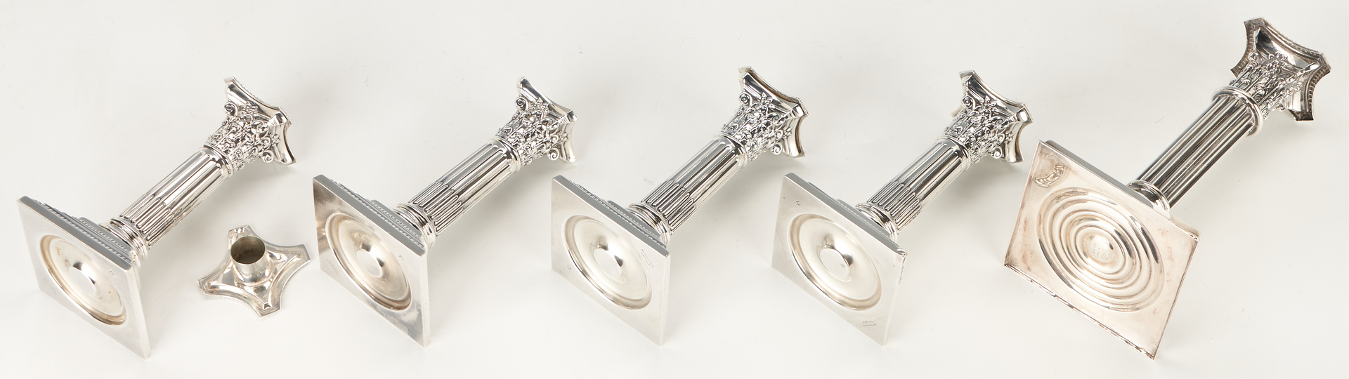 Lot 102: 6 Corinthian Column Sterling Silver Candlesticks, incl. Tiffany, Weighted Bases