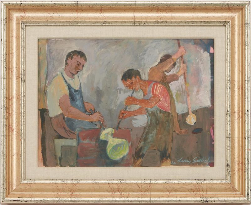 Lot 1037: Harry Gottlieb Mixed Media Painting, Glass Blowers