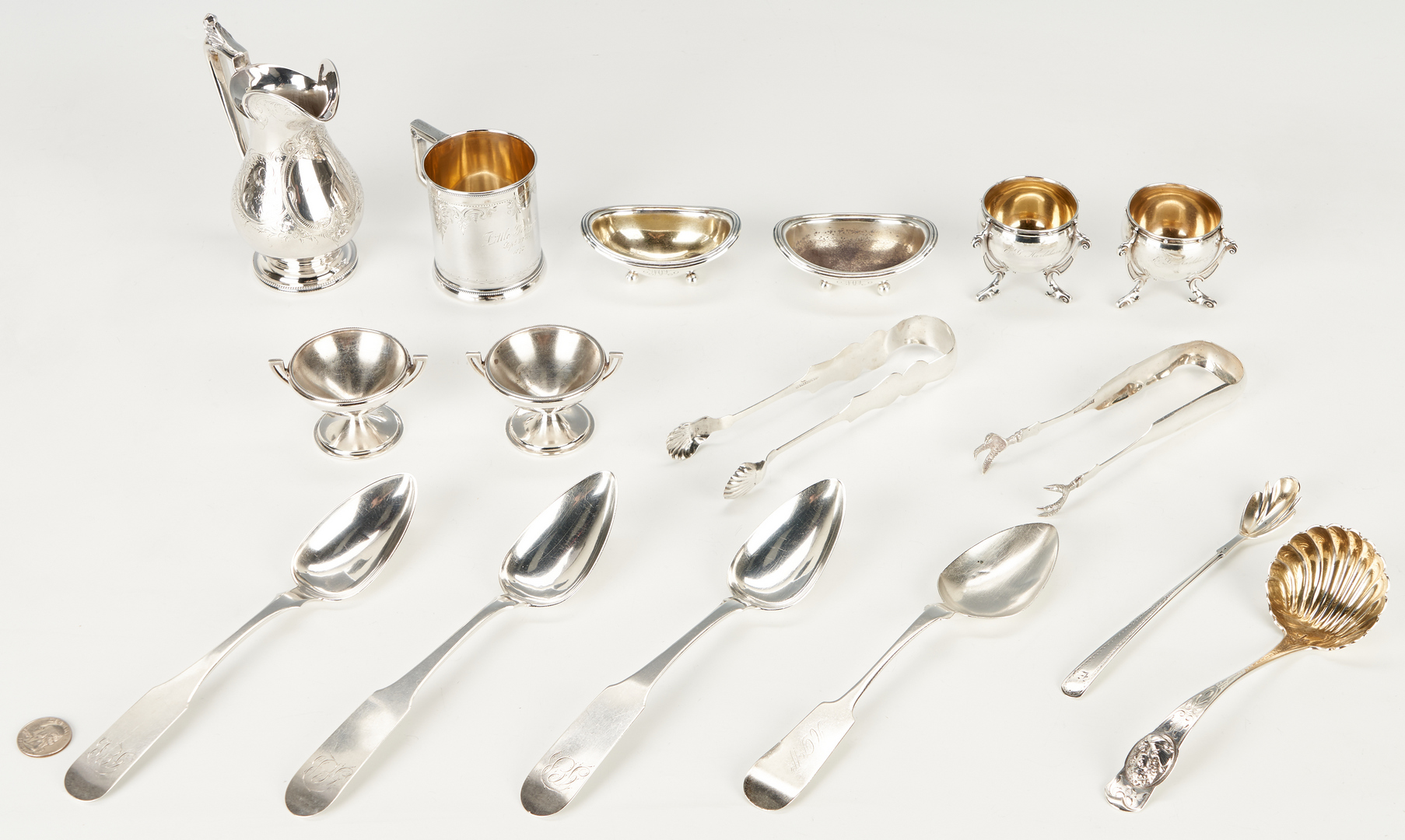 Lot 104: 16 Coin & Sterling Silver Items, incl. Medallion Ladle & Creamer