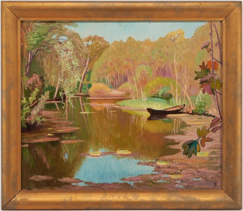 Lot 1052: Gunnar Borjeson Oil on Canvas Landscape, Canoe on Lake