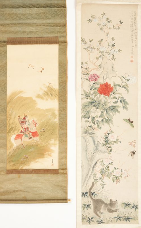 Lot 1063: 2 Chinese Scroll Paintings, incl. Warrior, Cat