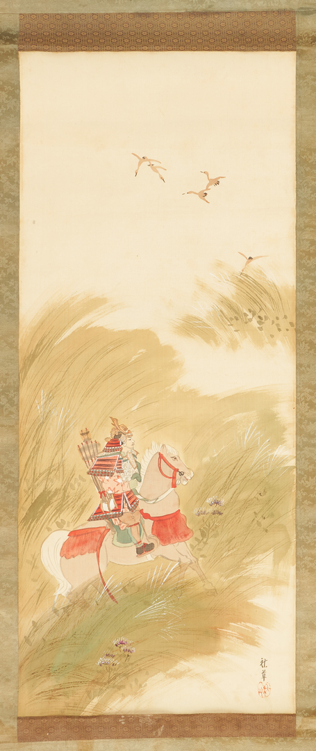 Lot 1063: 2 Chinese Scroll Paintings, incl. Warrior, Cat